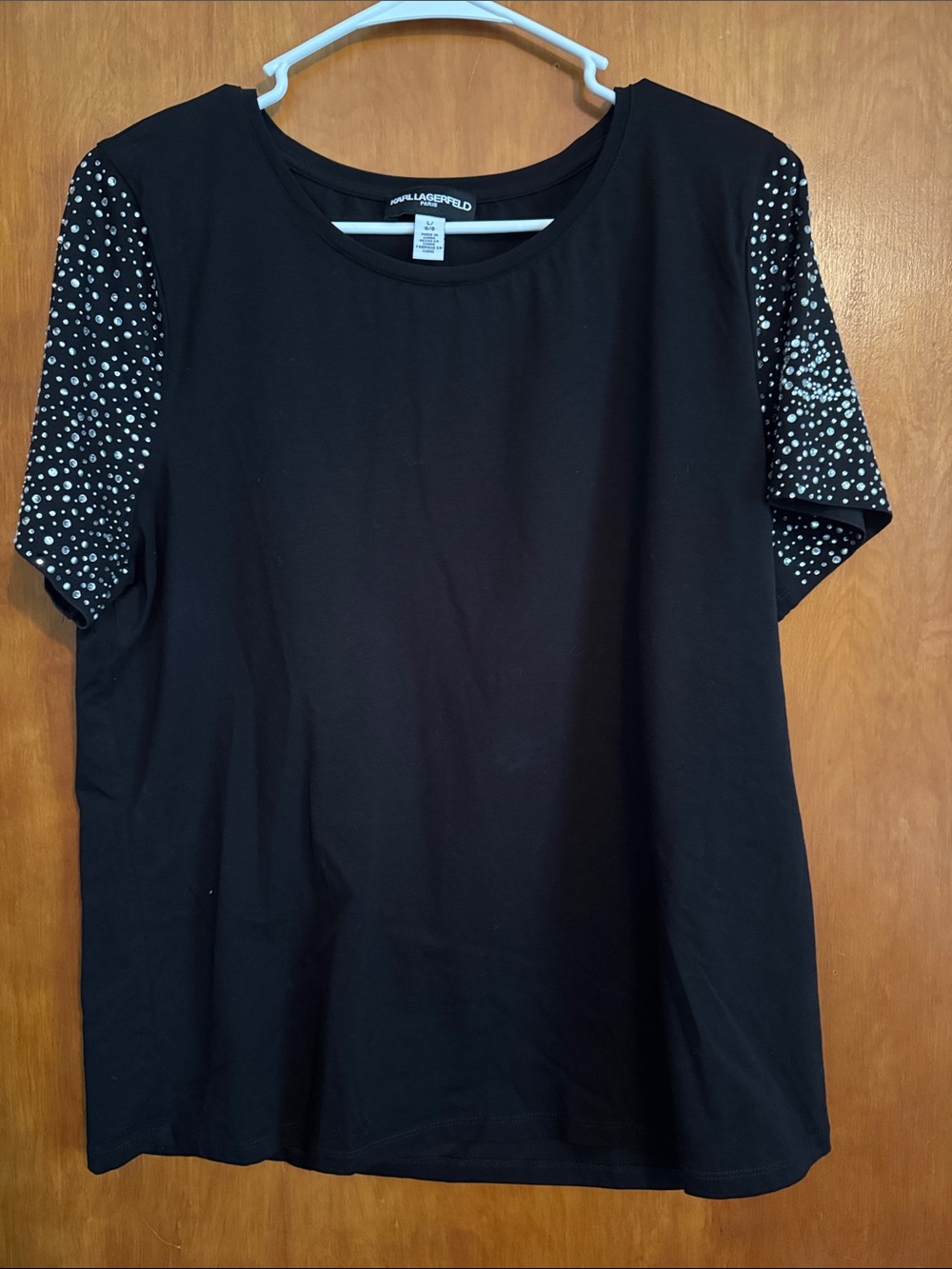 Karl Lagerfeld Black Tee with Rhinestone-Dotted Short Sleeves
